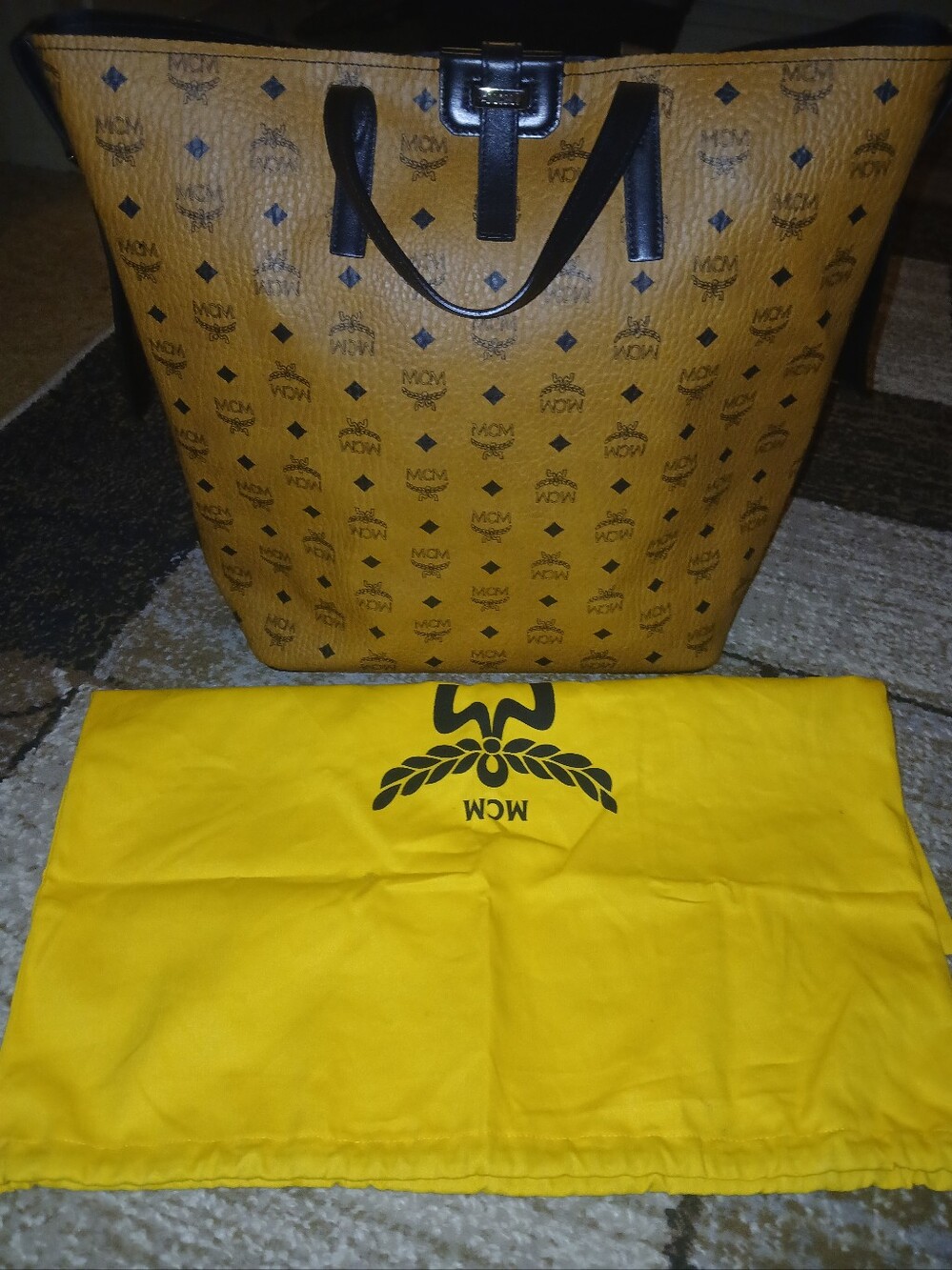 MCM Cognac Monogram Tote with Black Trim and Handles